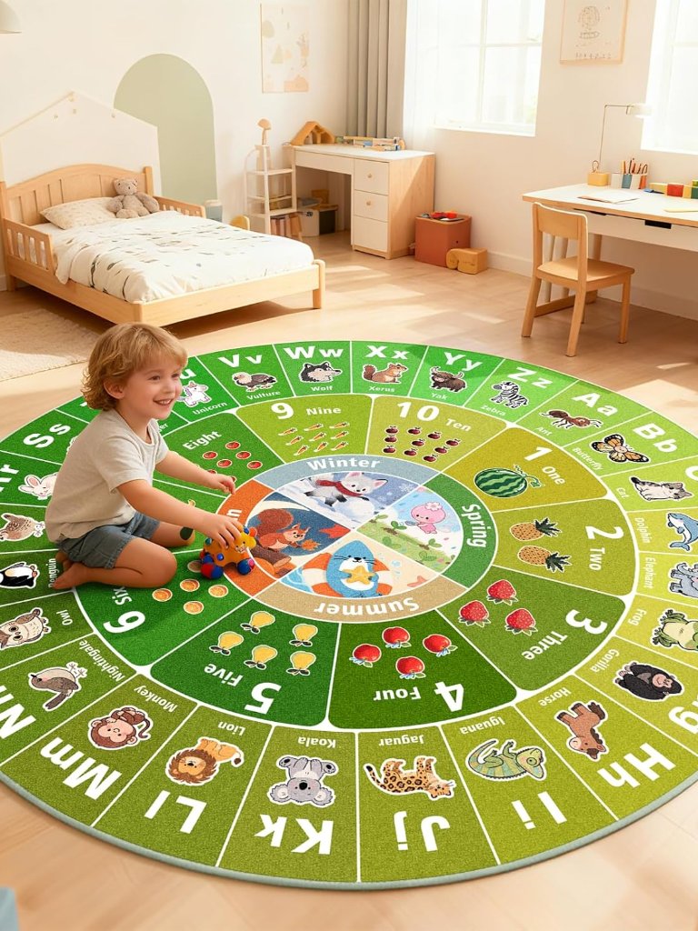 Kids Educational Area Rug For Playroom,96x96'' Round Abc Alphabet Animals Fruits